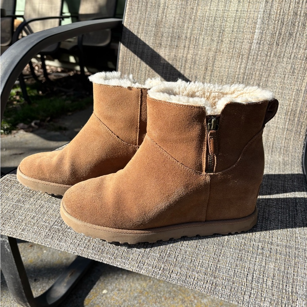 UGG Chestnut Suede Faux-Fur Lined Ankle Booties Wedge Heels